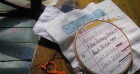 A needle pulling thread